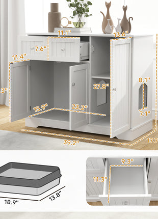 Cat Litter Box Enclosure with Drawers, Storage, Anti-tip Kit, 39" x 18" x 31.5", White