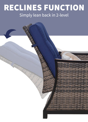 Outdoor Recliner Chair with Cushion, Rust-Resistant Aluminum Frames PE Wicker Patio Lounge Chaise Chair with Adjustable Reclining Backrest and Footrest, Pillow, Dark Blue