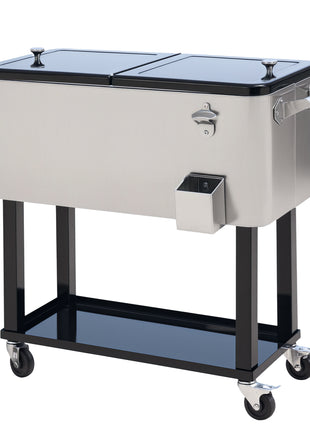 80 QT Rolling Cooling Bins Ice Chest on Wheels Outdoor Stand Up Drink Cooler Cart for Party, Silver