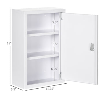 12" x 18" Lockable Medicine Cabinet, 3 Tier Steel Medical Wall Box with 2 Keys and Shelves for Bathroom, White