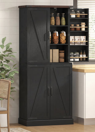 72" Tall Kitchen Pantry Cabinet, Farmhouse Storage Cabinet with 8 Door Racks and Adjustable Shelves, Black