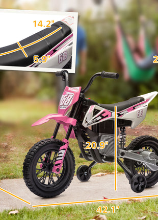 12V Kids Electric Motorcycle w/ Twist Grip Throttle, Training Wheels, Rear Suspension & Music, Pink