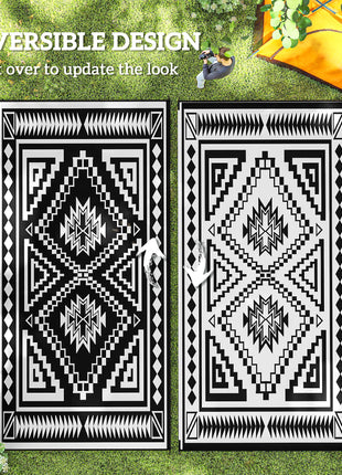 Reversible Outdoor Rug, Waterproof Plastic Straw with Carry Bag, 9' x 18', Black & White Square Patchwork