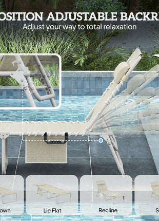 Tanning Chair Set of 2 with Face Hole and Side Table, 5-Position Folding Outdoor Chaise Lounge Chair, Beige
