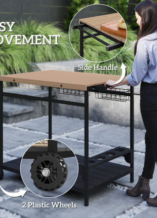 Outdoor Bar Cart Patio Serving Cart with Wine Holders Natural