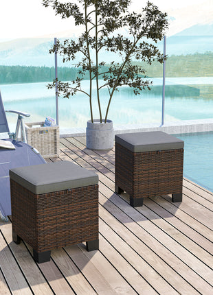 2 Piece Wicker Outdoor Ottomans with Cushions, Rattan Ottoman Footrest and Side Table for Patio, Yard, Poolside, Gray