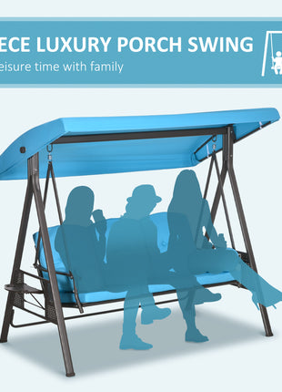 3-Seat Outdoor Porch Swing Chair with Adjustable Canopy, Cushion and Pillows for Garden, Poolside, Blue