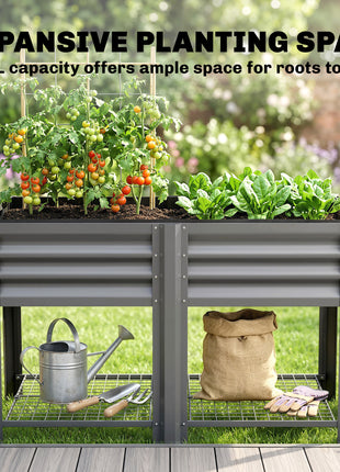 Raised Garden Bed Galvanized Steel, Elevated Planter Box with Storage Shelf, Bed Liner, 31.5" High, Dark Gray
