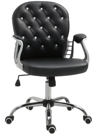Makeup Vanity Chair, PU Leather Computer Task Chair with Button Tufted, Padded Armrests, Adjustable Height and Swivel Wheels, Black