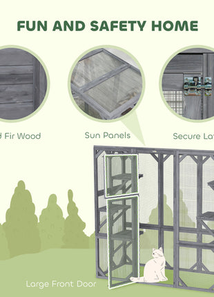 Large Wooden Catio Outdoor with 6 Jumping Platforms, Weatherproof Roof, for 1-3 Cats, 59" x 28" x 60", Gray