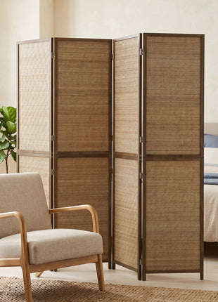 Room Divider, 4 Panel Folding Privacy Screen, 6 FT Tall Hand-Woven Bamboo Wall Partition, Brown