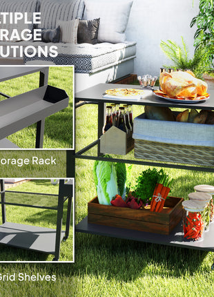 3-Tier Outdoor Grill Cart with Storage Racks, Side Handle, Movable Pizza Oven Table on Wheels
