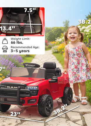 12V Kids Ride on Car, Licensed Dodge RAM 3500 Ride on Toys with Dual Motors, Remote Control for Toddlers, Red