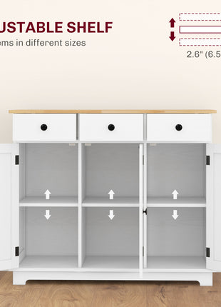 Kitchen Storage Cabinet, Sideboard Floor Cupboard with Solid Wood Top, Adjustable Shelf, and 3 Drawers, White