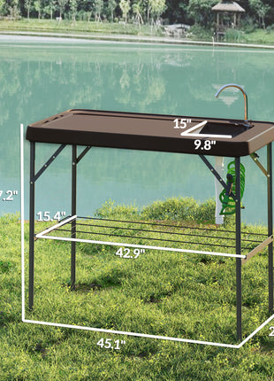 Folding Fish Cleaning Table with Sink, Portable Camping Table with Faucet, Drainage Hose, Sprayer and Shelf, Tan