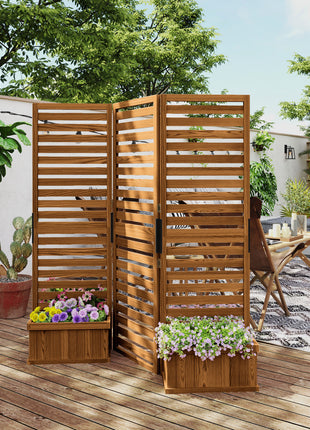 62.5" x 19" x 66" Wood Panel Trellis w/ 4 Planter Box Raised Bed for Garden Natural Wood