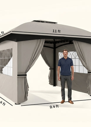 11' x 11' Outdoor Gazebo, Double Roof Patio Gazebo with Curtains, Church Windows, Galvanized Steel Frame, Light Gray