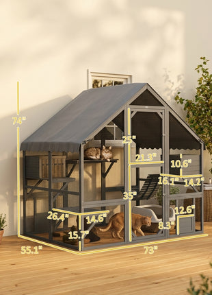 Wooden Catio Outdoor Cat Enclosure with Waterproof Cover, 2 Condos, 4 Platforms, Bridge, Doors, Gray