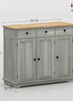 Kitchen Storage Cabinet, Sideboard Floor Cupboard with Solid Wood Top, Adjustable Shelf, and 3 Drawers, Light Gray