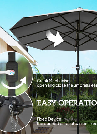 Garden Parasol 14.4ft Double-Sided Sun Umbrella with Base, Patio Parasol with LED Solar Lights, Gray