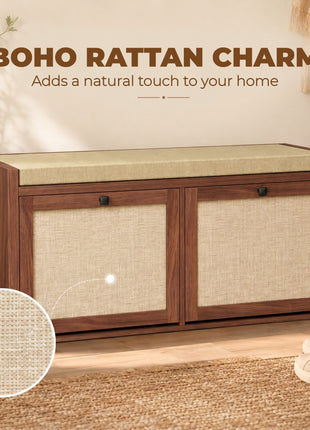 Shoe Storage Bench with Padded Seat, Shoe Storage Bench Rattan Doors for Entryway, Brown