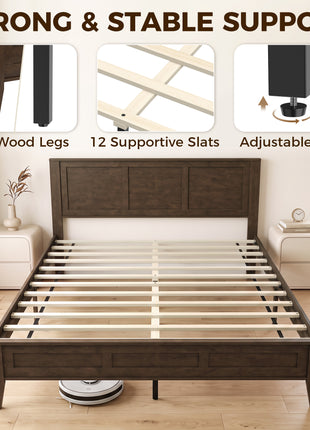 Queen Size Bed Frame with Headboard and Footboard, Mid-Century Modern Platform Bed Frame with Under-Bed Storage, Walnut