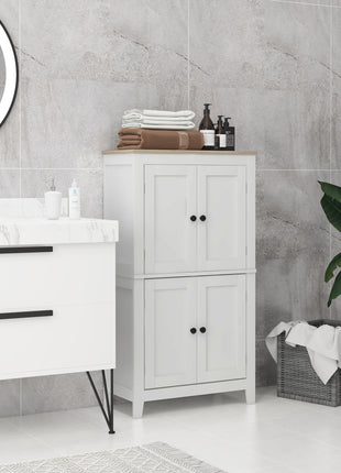 Bathroom Storage Cabinet, Modern Bathroom Floor Cabinet with 4 Doors and 2 Adjustable Shelves, White
