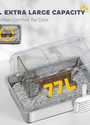 2 in 1 Stainless Steel Cat Litter Box with Removable Lid, Scoop, Filter Bags, for Small to Large Cats, White