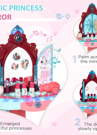 Kids Vanity Set with Self-Opening Magic Mirror, Princess Makeup Vanity Table Set with Music, Tabletop with Lights, Imaginative Toy for 3-6 Years Old Child