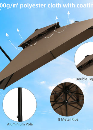 10ft Offset Patio Umbrella with Base, Double Top Hanging Aluminum Cantilever Umbrella with 360-degree Rotation, Easy Tilt, 8 Ribs, Crank, Cross Base, Cover, Strap, Coffee