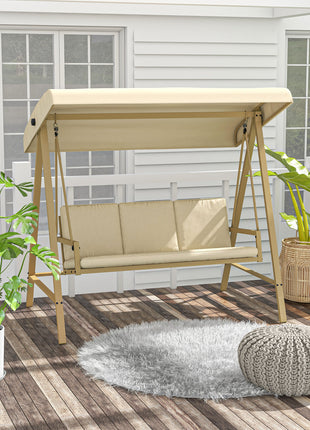 3-Person Patio Swing Chair, Outdoor Porch Swing with Adjustable Canopy, Removable Cushions for Garden, Backyard, Beige