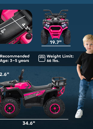 12V Kids ATV, 4 Wheeler Quad with 4 Spring Suspension Wheels, LED Lights, Music USB, Pink