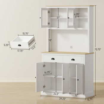 Freestanding Kitchen Cabinet, 71" Tall Pantry Cabinet, Modern Hutch with Wide Countertop, Adjustable Shelves, White