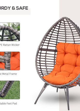 Patio Wicker Egg Chair w/ Soft Cushion, Teardrop Cuddle Seat, Outdoor / Indoor Patio Chair, PE Plastic Rattan Furniture with Adjustable Height Feet Pads, Orange