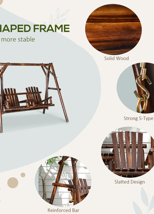 Wooden Porch Swing with Stand, 2-Seat Patio Swing Chair with Center Table, for Garden, Poolside, Backyard