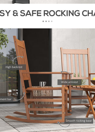 Outdoor Rocking Chair Set of 2 with Side Table, Patio Wooden Rocking Chair with Smooth Armrests, High Back for Garden, Balcony, Porch, Supports Up to 352 lbs, Teak