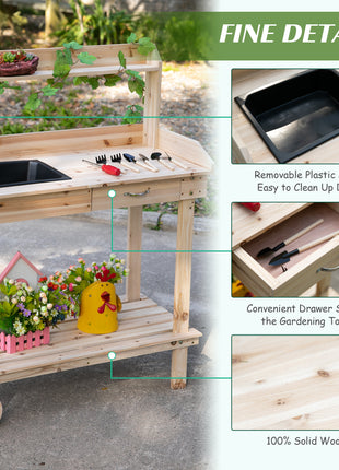 36" Wooden Potting Bench Work Table with 2 Removable Wheels, Garden Workstation with Removable Sink, Drawer & Large Storage Spaces, Natural