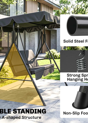 3-Seat Outdoor Patio Swing Chair w/ Cushion, Steel Frame Stand, Adjustable Tilt Canopy for Patio, Garden, Black 2