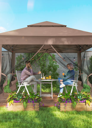 Outdoor Patio Pop Up Canopy Gazebo Shelter with Zipper Netting, Carry Bag, 11' x 11', Brown