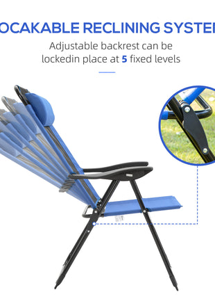 Folding Patio Dining Chairs Set of 2, Outdoor Deck Chair with Removable Headrest, Camping Chair with Adjustable Sling Back for Garden, Backyard, Lawn, Blue