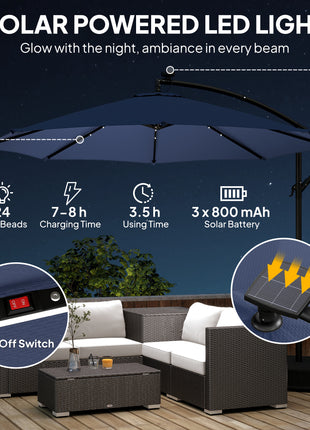 10 ft Cantilever Patio Umbrella with Light, Weight, Offset Hanging Outdoor Umbrella with Protective Cover, Dark Blue