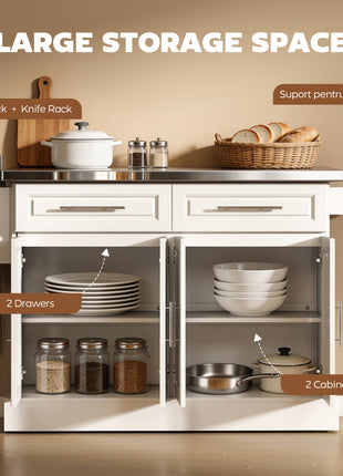 Rolling Kitchen Island Cart with 47" Stainless Steel Top, Portable Island Table for Kitchen with Wheels, Adjustable Shelves, 2 Drawers, Spice, Knife and Towel Rack, White