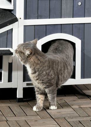 Outdoor Cat House with Weather-resistant Roof & Garden Bed, Outdoor Cat Shelter Enclosure with Multiple Entrances, Modern Cat Furniture Hideout, Cat Gifts, Gray