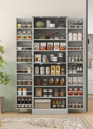 65" Kitchen Cabinet, Kitchen Pantry Cabinet with 4 Doors and 16 Door Shelves for Dining Room, Gray