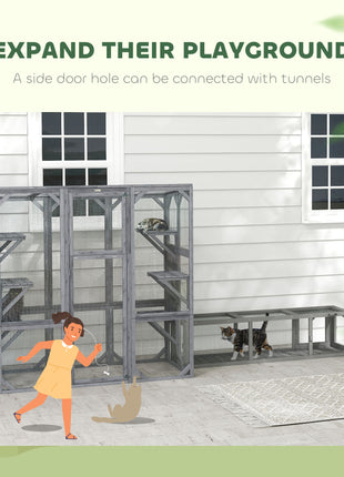 Large Wooden Catio Outdoor with 6 Jumping Platforms, Weatherproof Roof, for 1-3 Cats, 59" x 28" x 60", Gray