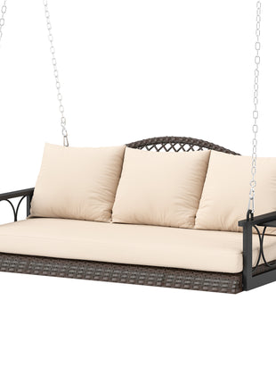3 Person Wicker Hanging Outdoor Patio Porch Swing Bench with Cup Holders, Cushions, and Chains, Brown