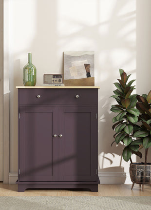 Kitchen Storage Cabinet, Sideboard Floor Cupboard with Solid Wood Top, Adjustable Shelf, and 2 Drawers, Coffee