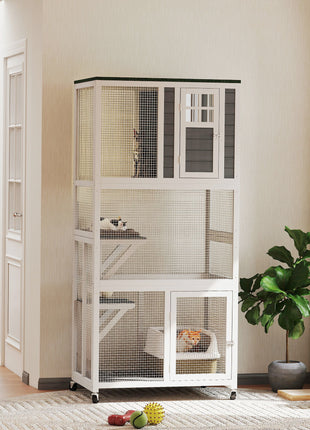 74" Wooden Catio Outdoor Cat Enclosure Weatherproof & Wheeled, Outside Cat House with High Weight Capacity, Kitten Cage Condo, White