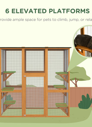 Outdoor Cat House Big Catio Wooden Feral Cat Shelter Enclosure with Large Spacious Interior, 6 High Ledges, Weather Protection Asphalt Roof, 71" L, Orange