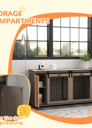 71" Modern Dog Kennel Furniture with Removable Divider, Storage for 2 Small Dogs or 1 Large Dog, Walnut